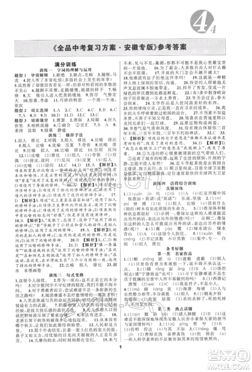 延边教育出版社2022全品中考复习方案专题精讲语文人教版安徽专版参考答案 延边教育出版社2022全品中考复习方案专题精讲语文人教版安徽专版参考答案