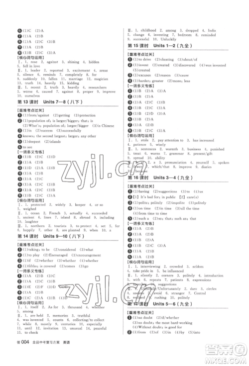 延边教育出版社2022全品中考复习方案备考手册英语人教版浙江专版参考答案 延边教育出版社2022全品中考复习方案备考手册英语人教版浙江专版参考答案