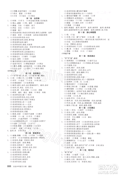 延边教育出版社2022全品中考复习方案精讲专练语文人教版徐州专版参考答案