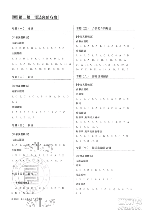 延边教育出版社2022全品中考复习方案听课手册英语外研版内蒙古专版参考答案