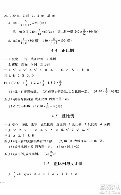 河北少年儿童出版社2022世超金典课时练测评试卷六年级数学下册人教版答案