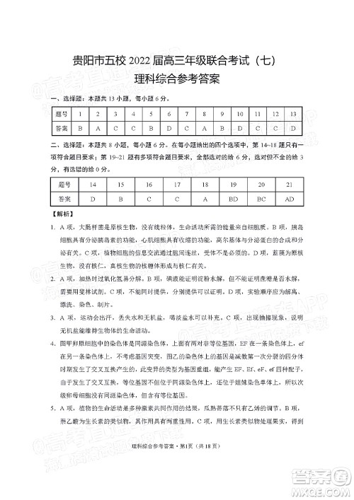 贵阳市五校2022届高三年级联合考试七理科综合试题及答案