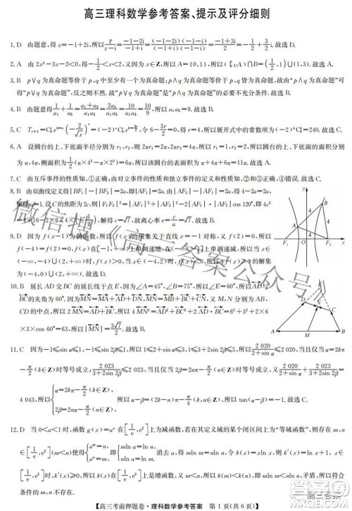 2022九师联盟考前押题卷理科数学答案