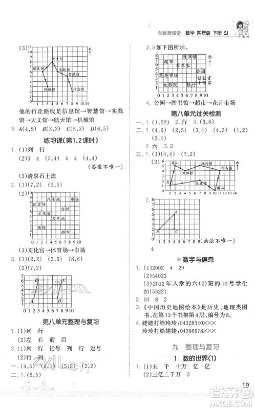 江西人民出版社2022王朝霞创维新课堂同步优化训练四年级数学下册SJ苏教版答案