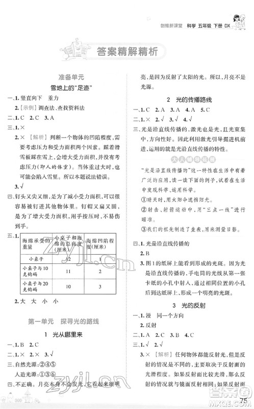 江西人民出版社2022王朝霞创维新课堂同步优化训练五年级科学下册DX大象版答案