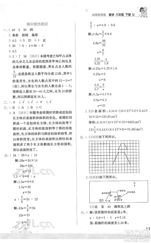 江西人民出版社2022王朝霞创维新课堂同步优化训练六年级数学下册SJ苏教版答案