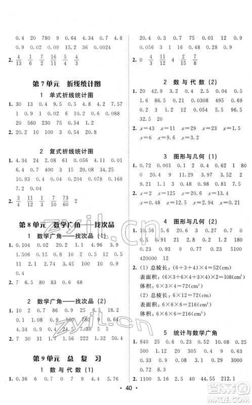 安徽人民出版社2022教与学课时学练测五年级数学下册人教版答案