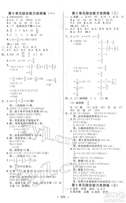 安徽人民出版社2022教与学课时学练测六年级数学下册人教版答案