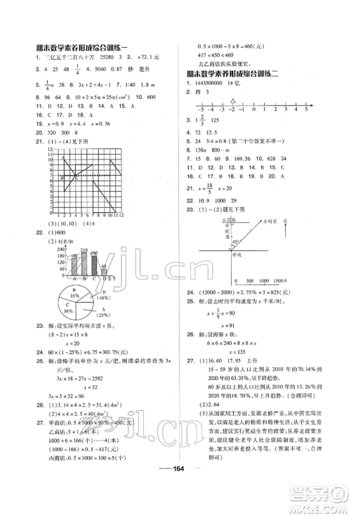 山东科学技术出版社2022新思维伴你学单元达标测试卷六年级下册数学人教版参考答案