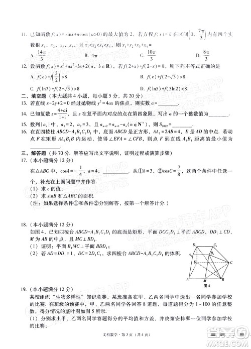 2022届云师大附中高三适应性月考十一文科数学试题及答案