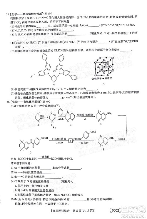 2022年金太阳高三联考6002C理科综合试题及答案