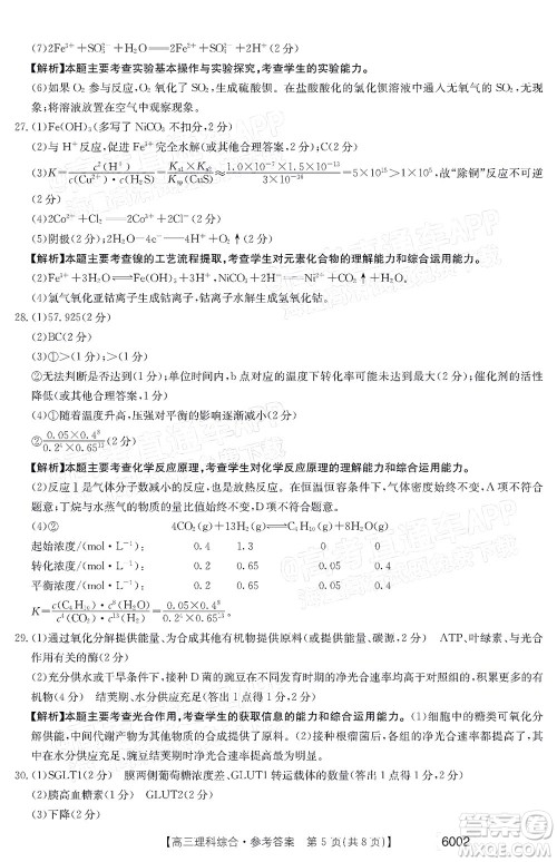 2022年金太阳高三联考6002C理科综合试题及答案