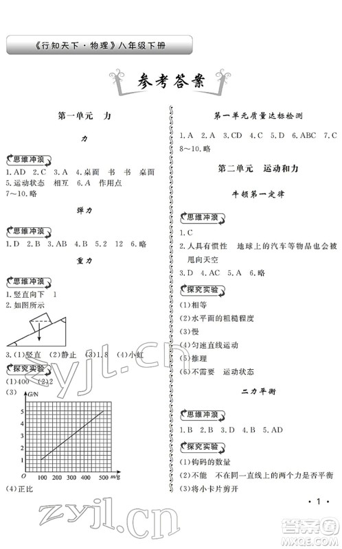 山东人民出版社2022初中卷行知天下八年级物理下册人教版答案