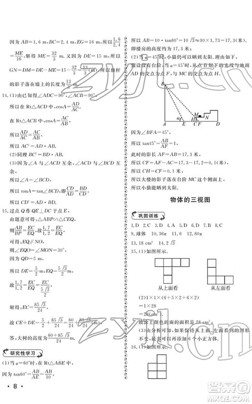 山东人民出版社2022初中卷行知天下九年级数学下册青岛版答案