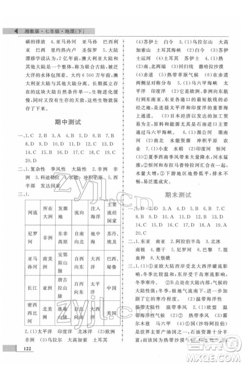 甘肃教育出版社2022名师点拨配套练习课时作业地理七年级下册湘教版答案