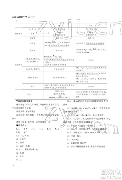 山西教育出版社2022山西新中考复习指导与优化训练化学通用版参考答案