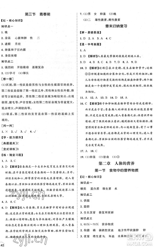 海南出版社2022知行课堂新课程同步练习册七年级生物下册人教版答案