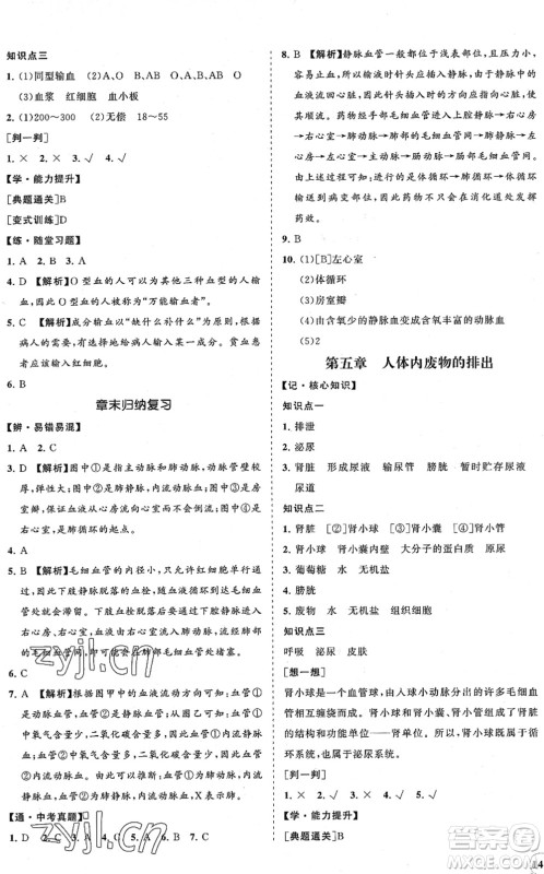 海南出版社2022知行课堂新课程同步练习册七年级生物下册人教版答案