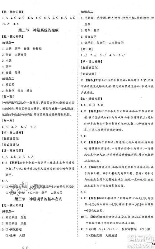 海南出版社2022知行课堂新课程同步练习册七年级生物下册人教版答案