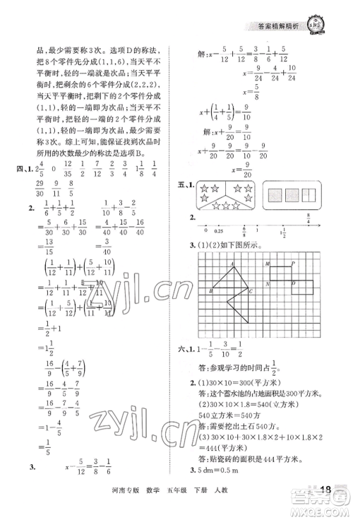 江西人民出版社2022王朝霞各地期末试卷精选五年级下册数学人教版河南专版参考答案