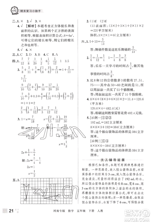江西人民出版社2022王朝霞各地期末试卷精选五年级下册数学人教版河南专版参考答案