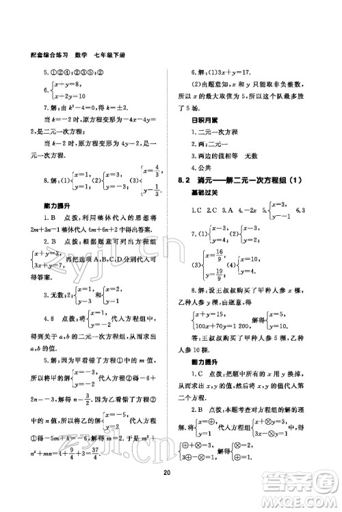 北京师范大学出版社2022数学配套综合练习七年级下册人教版答案