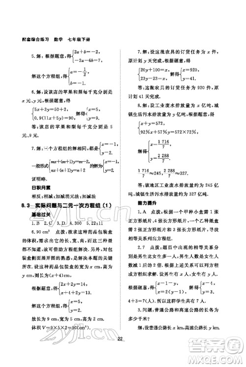 北京师范大学出版社2022数学配套综合练习七年级下册人教版答案