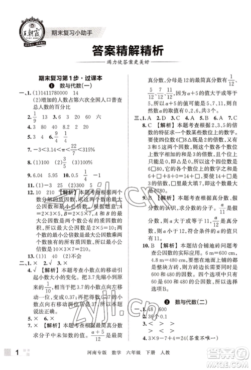 江西人民出版社2022王朝霞各地期末试卷精选六年级下册数学人教版河南专版参考答案 江西人民出版社2022王朝霞各地期末试卷精选六年级下册数学人教版河南专版参考答案