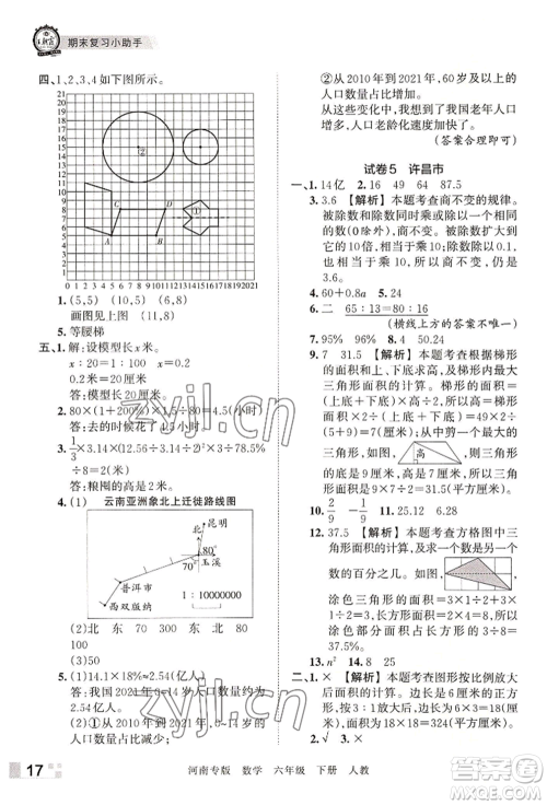 江西人民出版社2022王朝霞各地期末试卷精选六年级下册数学人教版河南专版参考答案 江西人民出版社2022王朝霞各地期末试卷精选六年级下册数学人教版河南专版参考答案