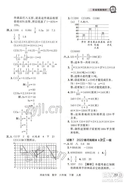 江西人民出版社2022王朝霞各地期末试卷精选六年级下册数学人教版河南专版参考答案 江西人民出版社2022王朝霞各地期末试卷精选六年级下册数学人教版河南专版参考答案