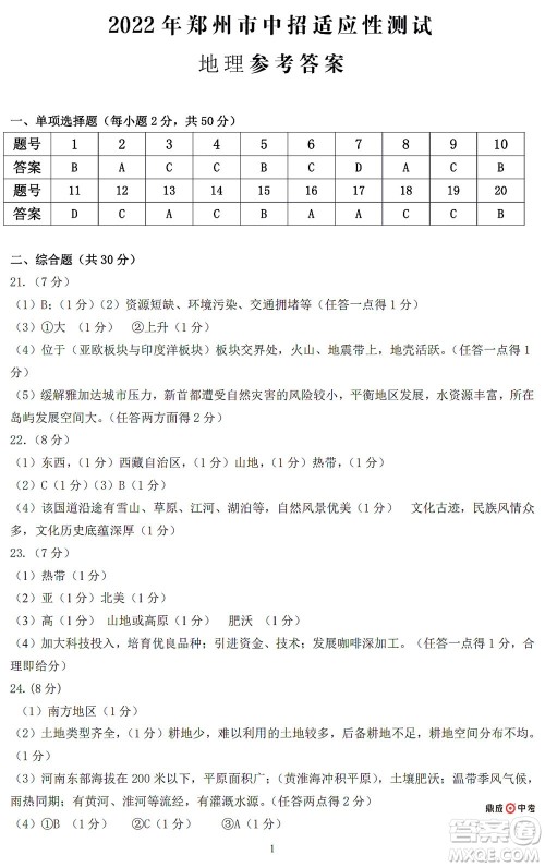2022年郑州市中招适应性测试地理试卷及答案 2022年郑州市中招适应性测试地理试卷及答案