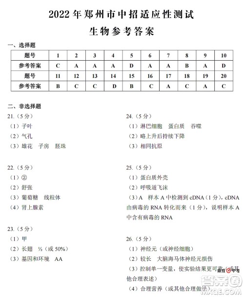 2022年郑州市中招适应性测试生物试卷及答案