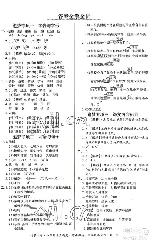 天津科学技术出版社2022追梦之旅小学期末真题篇三年级语文下册RJ人教版河南专版答案