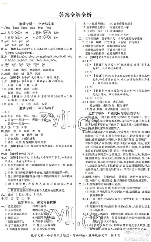 天津科学技术出版社2022追梦之旅小学期末真题篇五年级语文下册RJ人教版河南专版答案