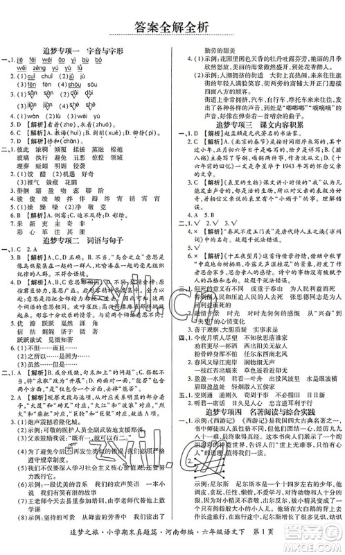 天津科学技术出版社2022追梦之旅小学期末真题篇六年级语文下册RJ人教版河南专版答案