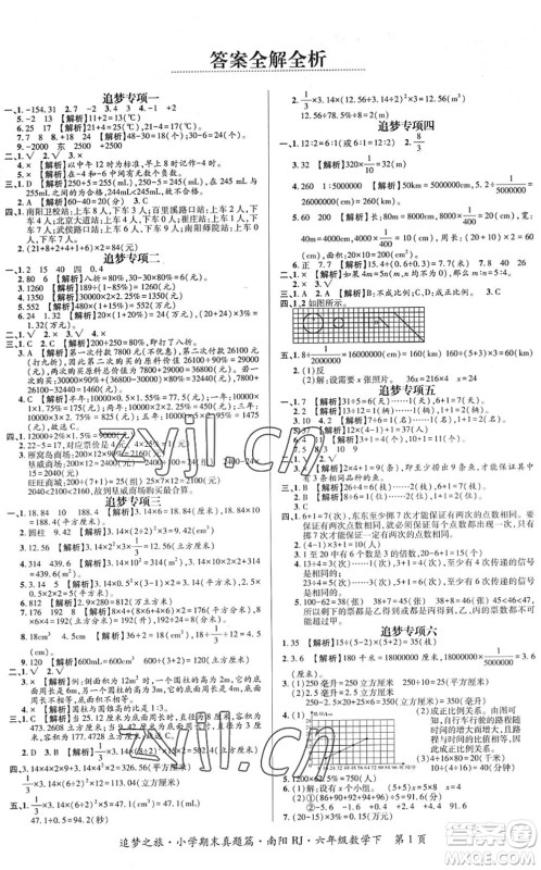 天津科学技术出版社2022追梦之旅小学期末真题篇六年级数学下册RJ人教版南阳专版答案