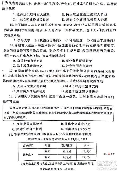 2022年郑州市中招适应性测试历史试卷及答案