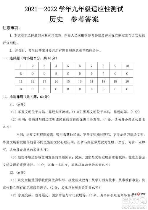 2022年郑州市中招适应性测试历史试卷及答案