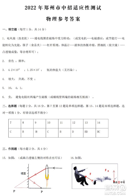 2022年郑州市中招适应性测试物理试卷及答案