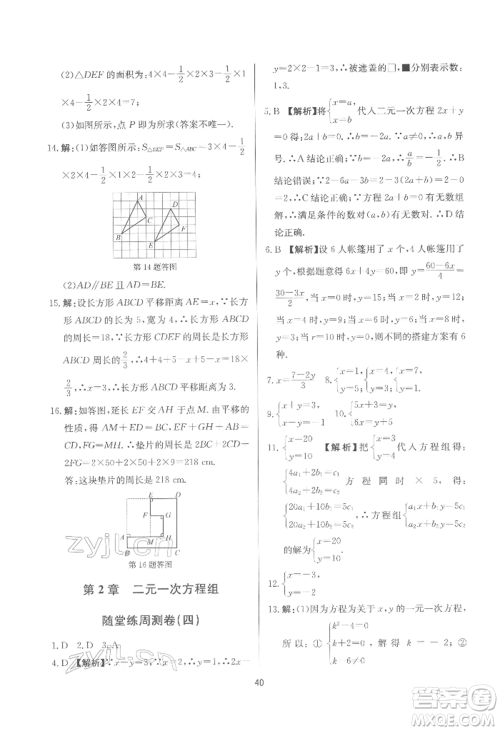 浙江工商大学出版社2022习题e百课时训练七年级下册数学浙教版参考答案