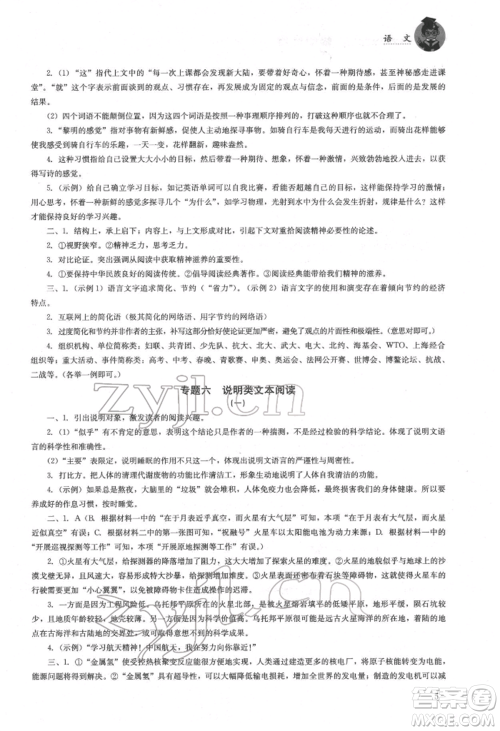 湖南人民出版社2022初中复习指导语文人教版参考答案