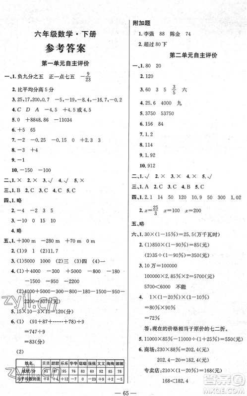 长江少年儿童出版社2022智慧课堂自主评价六年级数学下册通用版答案