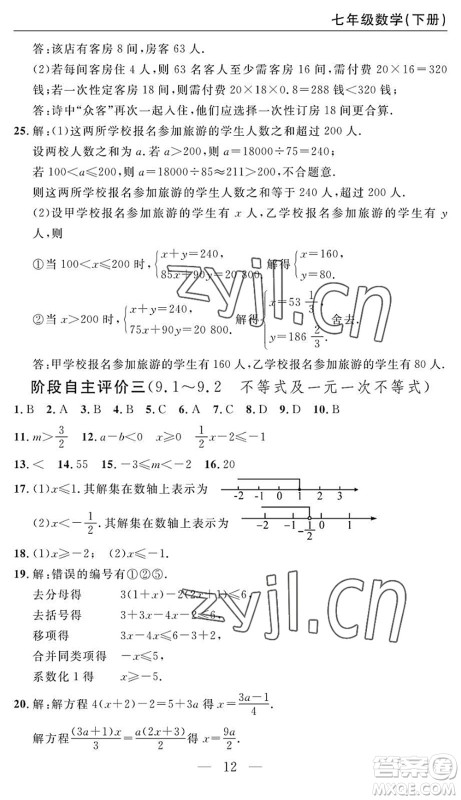 长江少年儿童出版社2022智慧课堂自主评价七年级数学下册通用版答案