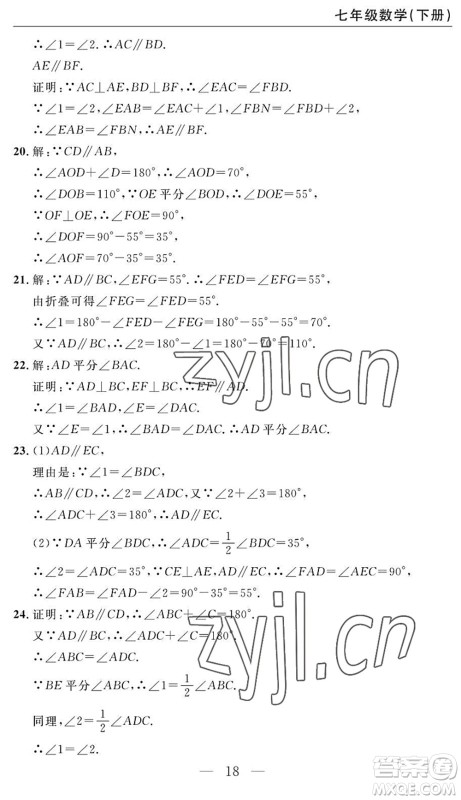 长江少年儿童出版社2022智慧课堂自主评价七年级数学下册通用版答案