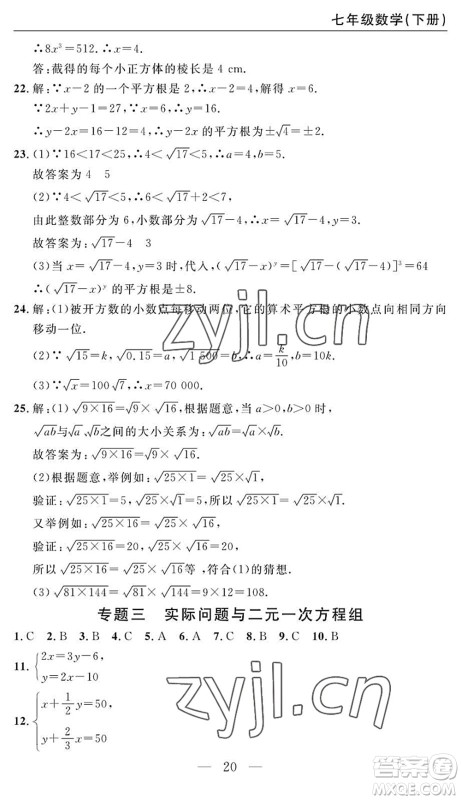长江少年儿童出版社2022智慧课堂自主评价七年级数学下册通用版答案