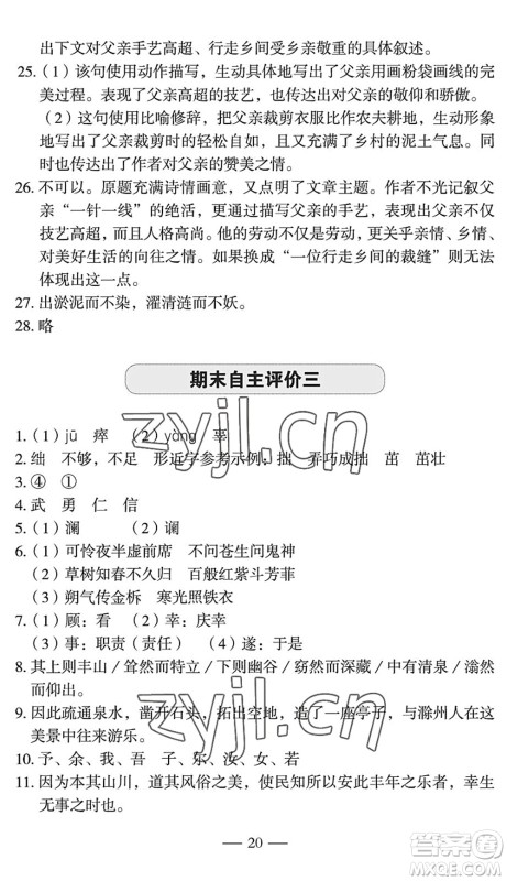 长江少年儿童出版社2022智慧课堂自主评价七年级语文下册通用版宜昌专版答案