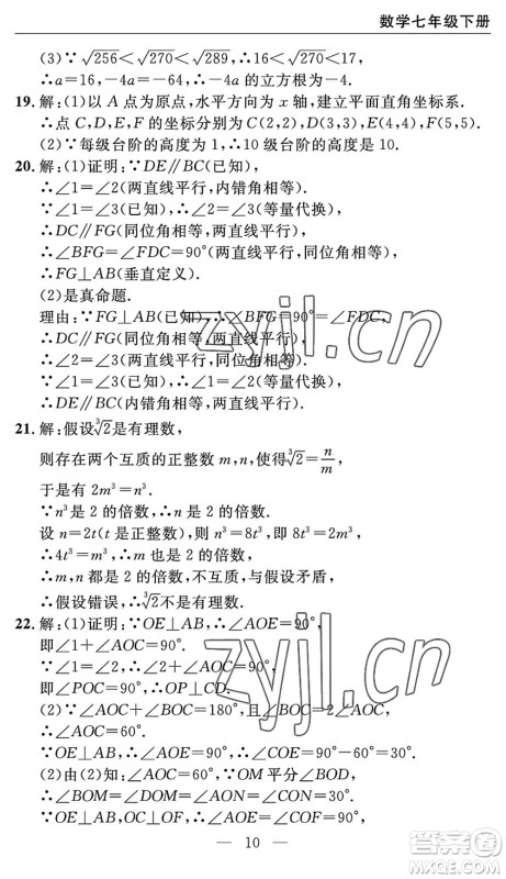 长江少年儿童出版社2022智慧课堂自主评价七年级数学下册通用版宜昌专版答案