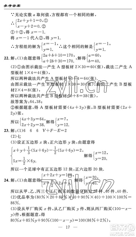 长江少年儿童出版社2022智慧课堂自主评价七年级数学下册通用版宜昌专版答案