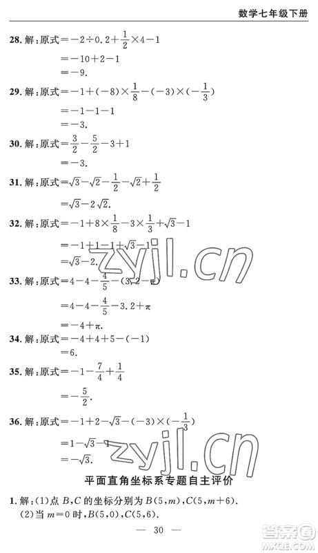 长江少年儿童出版社2022智慧课堂自主评价七年级数学下册通用版宜昌专版答案