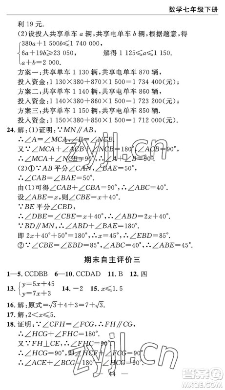 长江少年儿童出版社2022智慧课堂自主评价七年级数学下册通用版宜昌专版答案